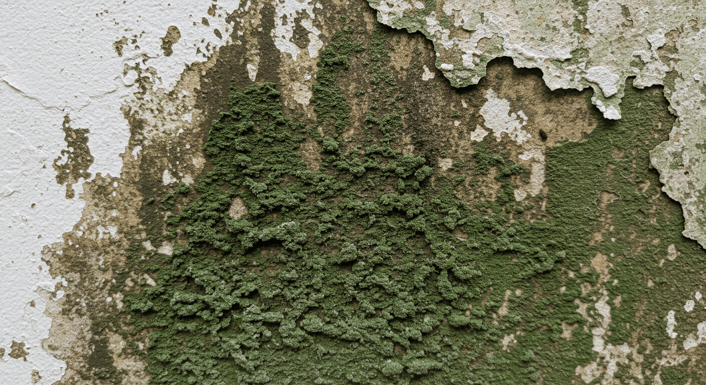 A close-up view of green mold growing on a damp wall, showcasing the texture and color variations of the mold. The background features peeling paint and water stains, emphasizing the damage caused by moisture.