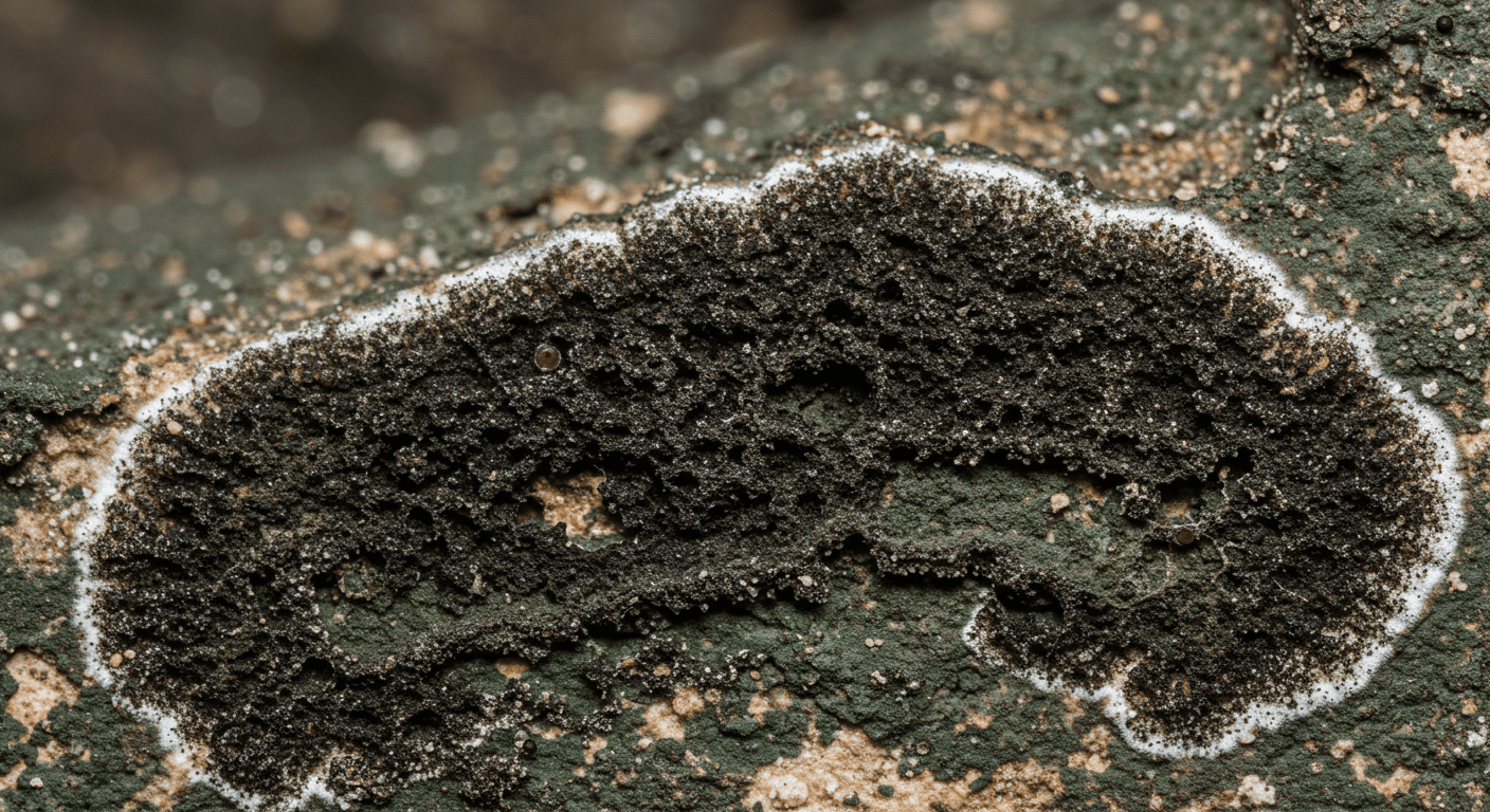 A detailed close-up of black mold growing on a damp wall, showcasing the texture and color variations of the mold.