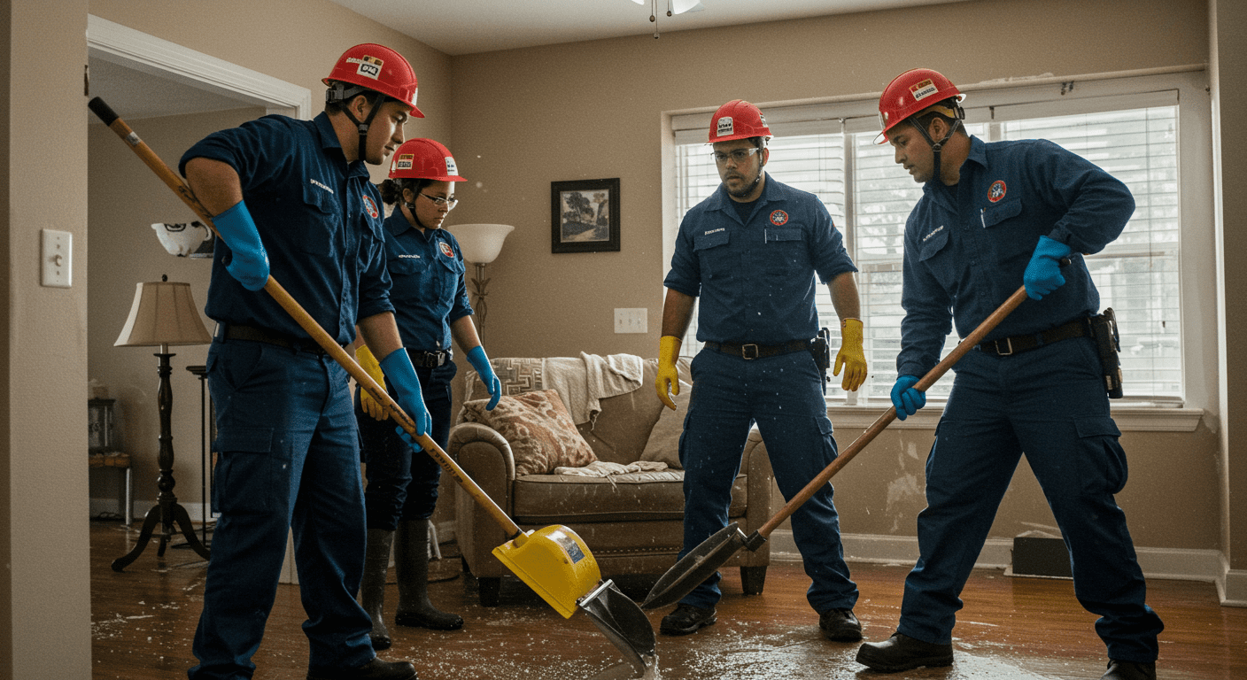 A team of restoration professionals in action, wearing uniforms and safety gear, working together to remove water from a flooded living room. The scene captures the urgency and teamwork involved in disaster response.