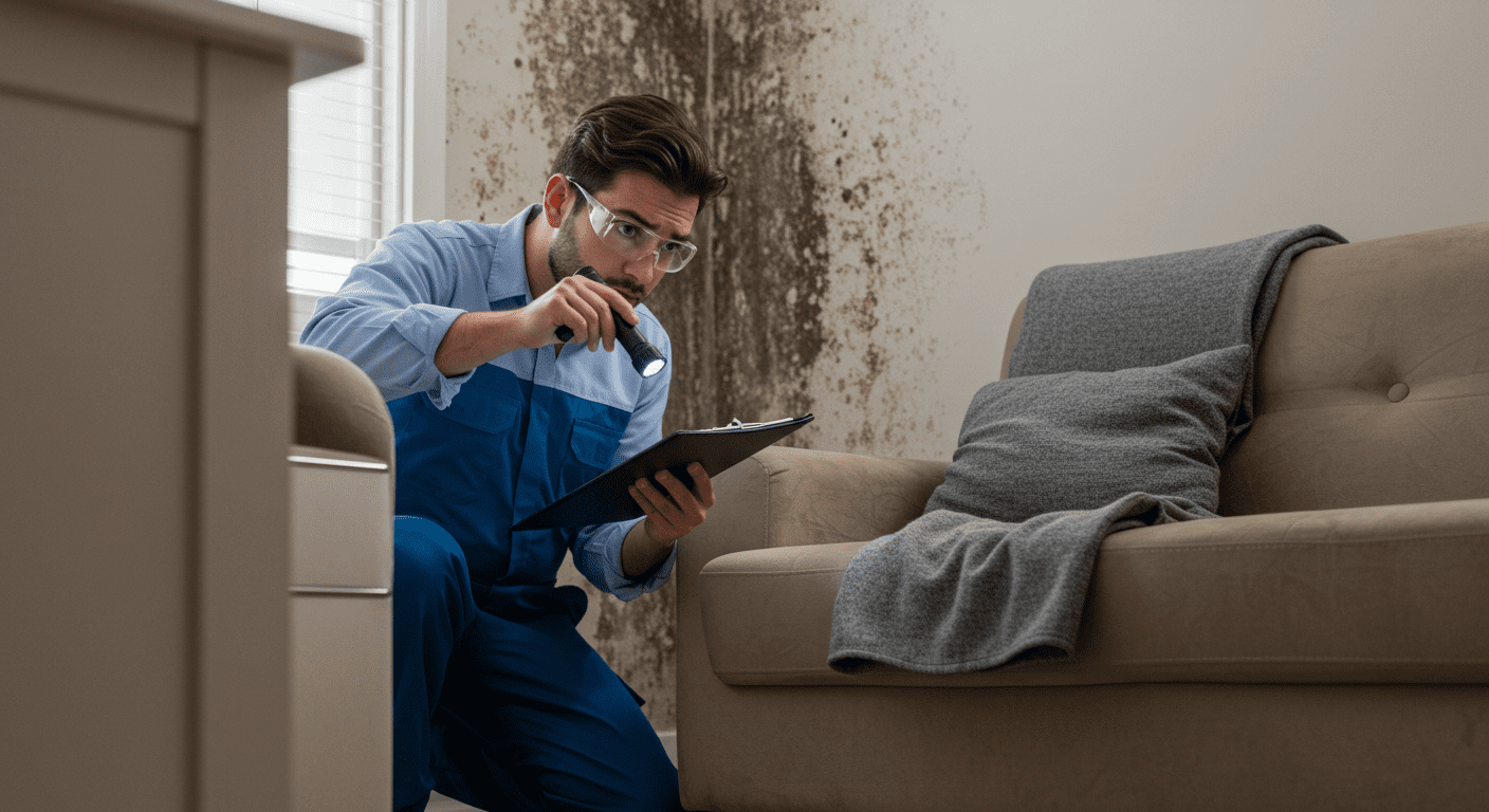 A professional inspector examining a corner of a room with a flashlight, revealing hidden mold behind furniture.