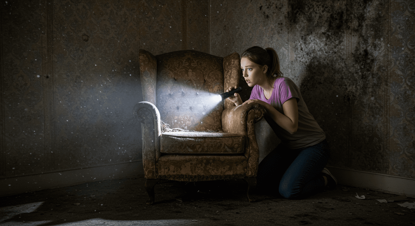 A homeowner inspecting a corner of a room with a flashlight, revealing hidden mold behind furniture.
