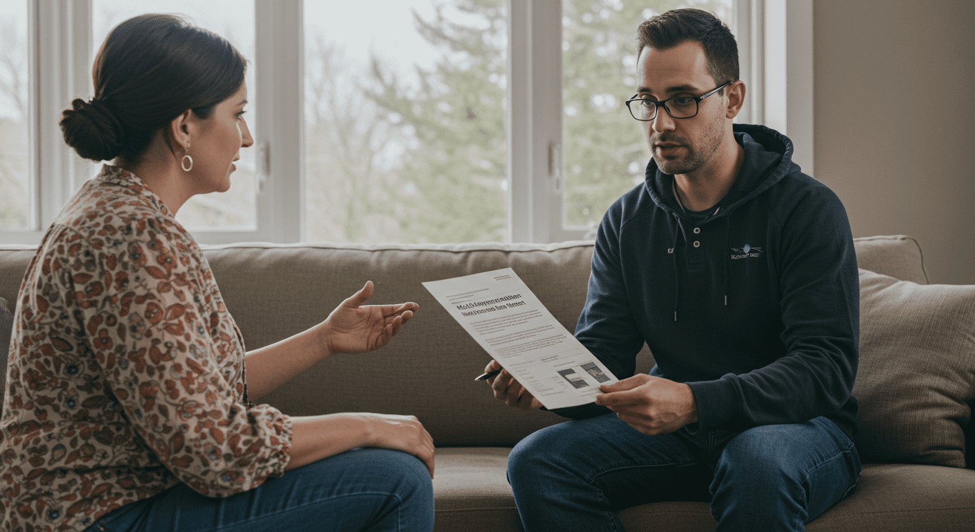 A homeowner discussing mold concerns with a mold remediation expert in a well-lit living room. The expert is showing the homeowner a mold inspection report, fostering a sense of trust and professionalism in the consultation process.