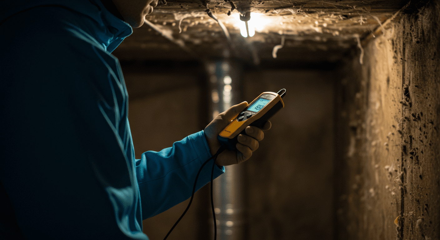 A professional mold inspector using a moisture meter to assess the humidity levels in a basement. The setting is dimly lit, with visible signs of mold growth in the background, highlighting the inspection process.