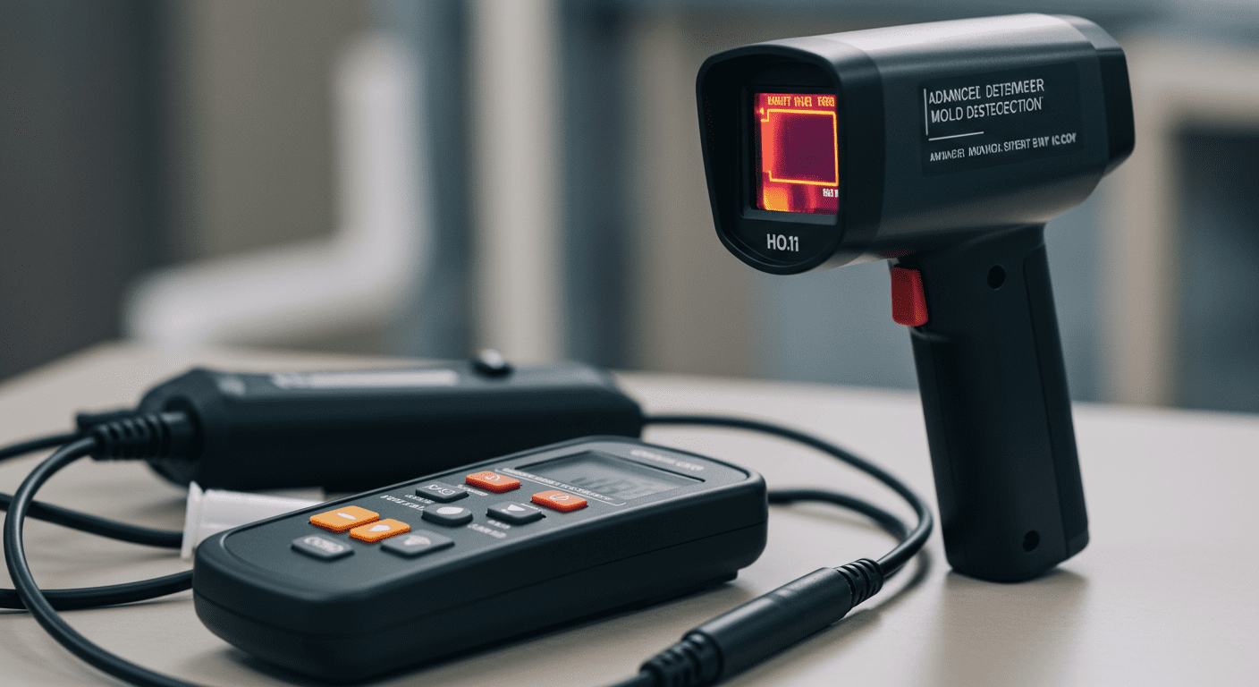 A close-up shot of advanced mold detection tools, including a thermal imaging camera and moisture meter, placed on a table. The background is slightly blurred to emphasize the equipment.