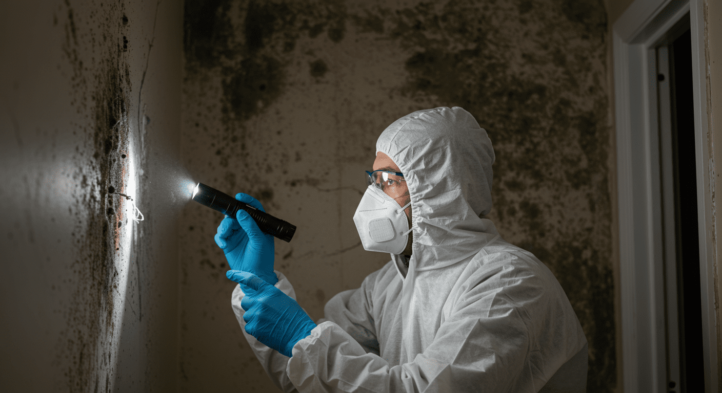 A professional mold inspector examining a wall in a residential home, using a flashlight to highlight mold growth. The inspector wears protective gear, emphasizing safety.