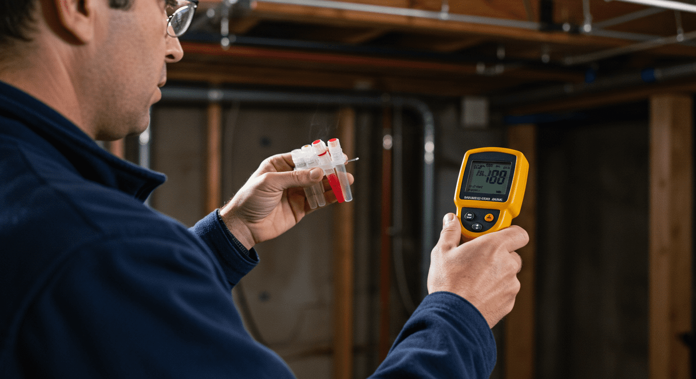 A mold inspector using a moisture meter and taking samples in a basement. The image captures the process of assessing mold levels, emphasizing the importance of professional inspections in mold remediation.