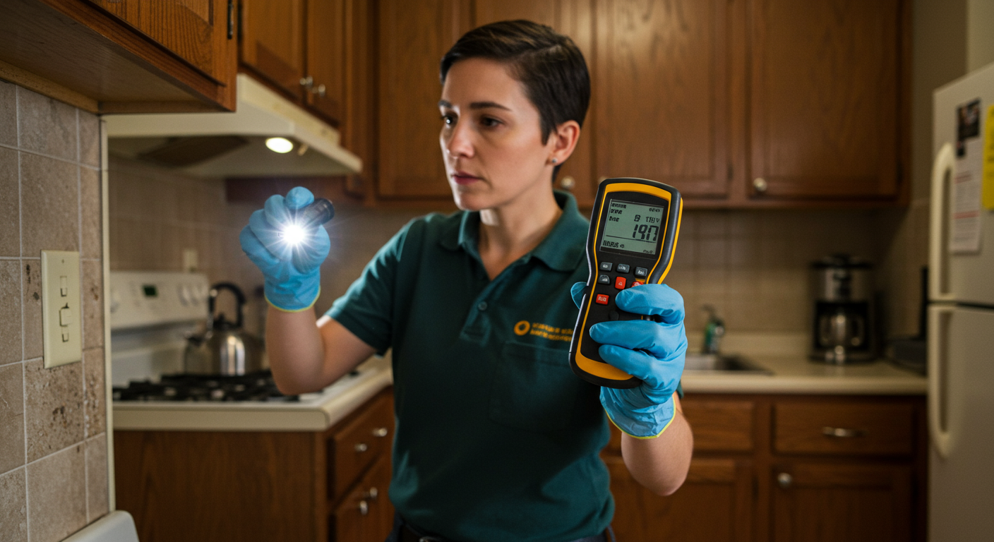 A professional mold inspector examining a home’s interior with a flashlight and moisture meter, highlighting areas prone to mold growth.
