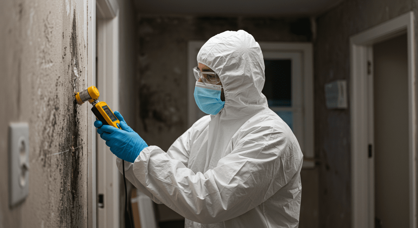 A professional mold inspector in protective gear examining a damp wall with a moisture meter.