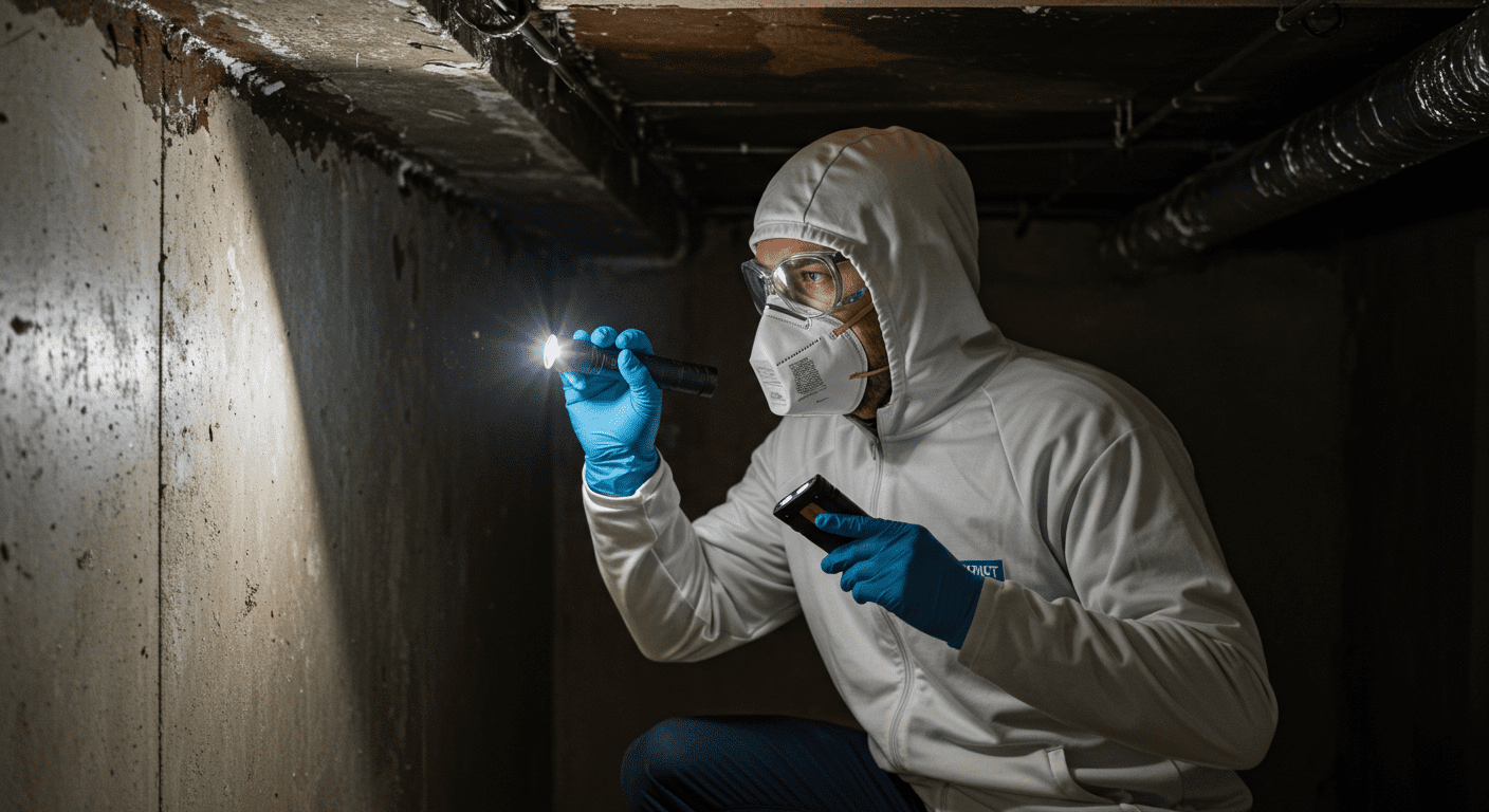 A professional mold inspector examining a damp corner of a basement with a flashlight. The inspector is wearing protective gear, including gloves and a mask, highlighting the seriousness of mold inspection.