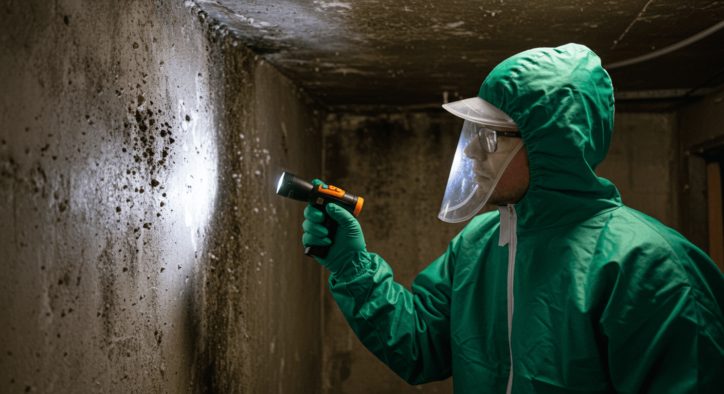 A professional wearing protective gear is inspecting a damp corner of a basement with a flashlight and moisture meter. The focus is on the mold growth on the wall, highlighting the inspection process.