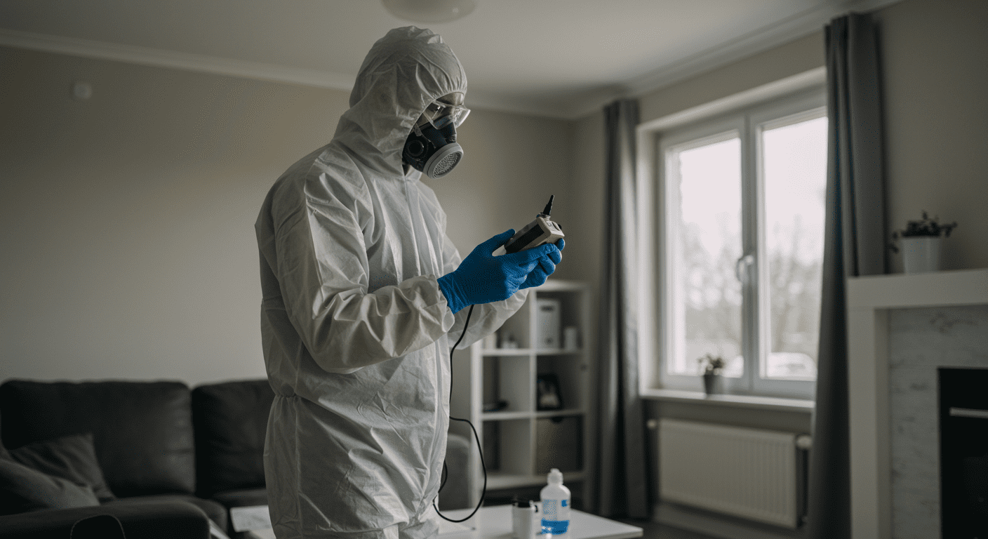 A professional mold inspector in protective gear conducting an air quality test in a residential living room. The inspector is using a sampling device, and the room is well-lit, showcasing a clean and organized environment.