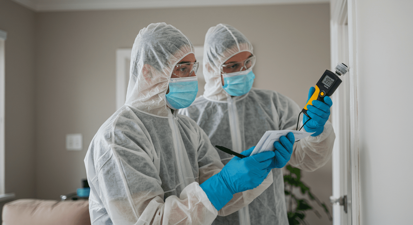 A professional mold remediation team in protective gear inspecting a wall with a moisture meter.