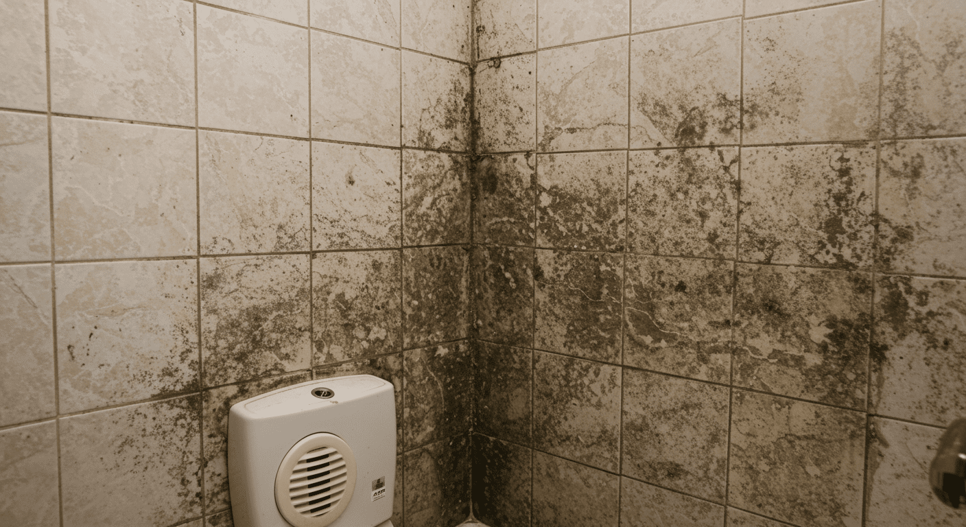 A bathroom with visible mold in the corners, highlighting poor ventilation and moisture accumulation, with a focus on the affected areas.