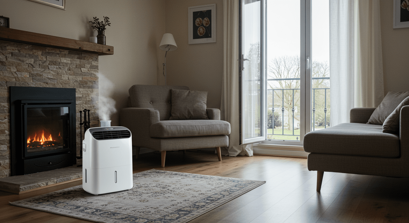 A cozy living room with a dehumidifier visibly placed in the corner, alongside open windows allowing fresh air in. The setting emphasizes a clean and dry environment, showcasing preventive measures against mold growth.