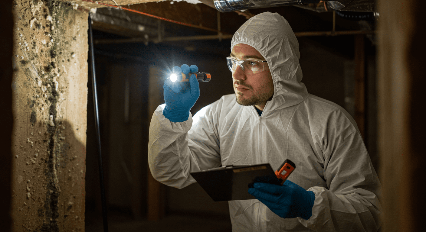 A certified mold remediation expert inspecting a residential basement for mold growth, using a flashlight and tools. The focus is on the expert's attentive expression as they examine the area.