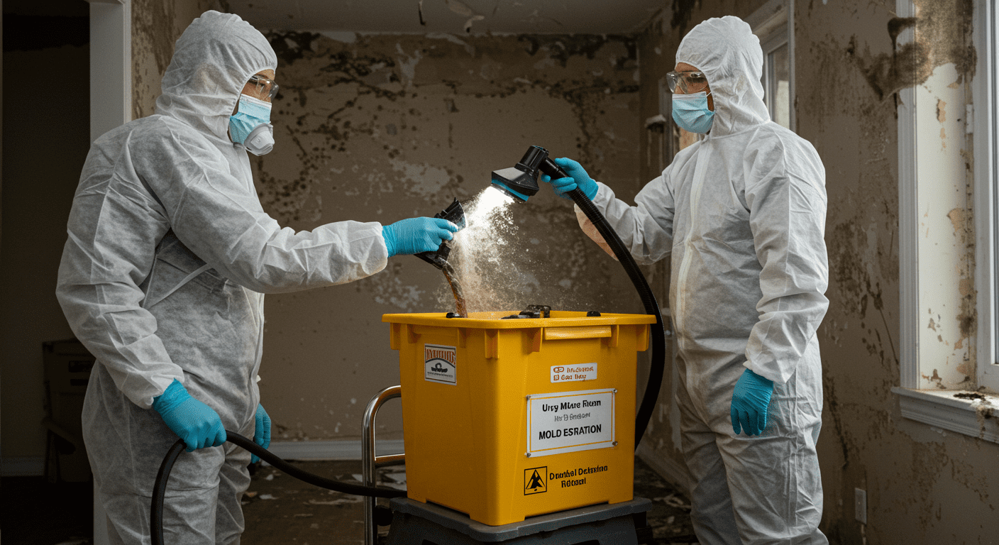 A professional mold remediation team in action, using specialized equipment to remove mold from a building.