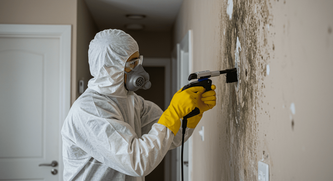 A professional cleaner in protective gear actively removing mold from a wall in a residential setting, showcasing the seriousness of mold remediation.
