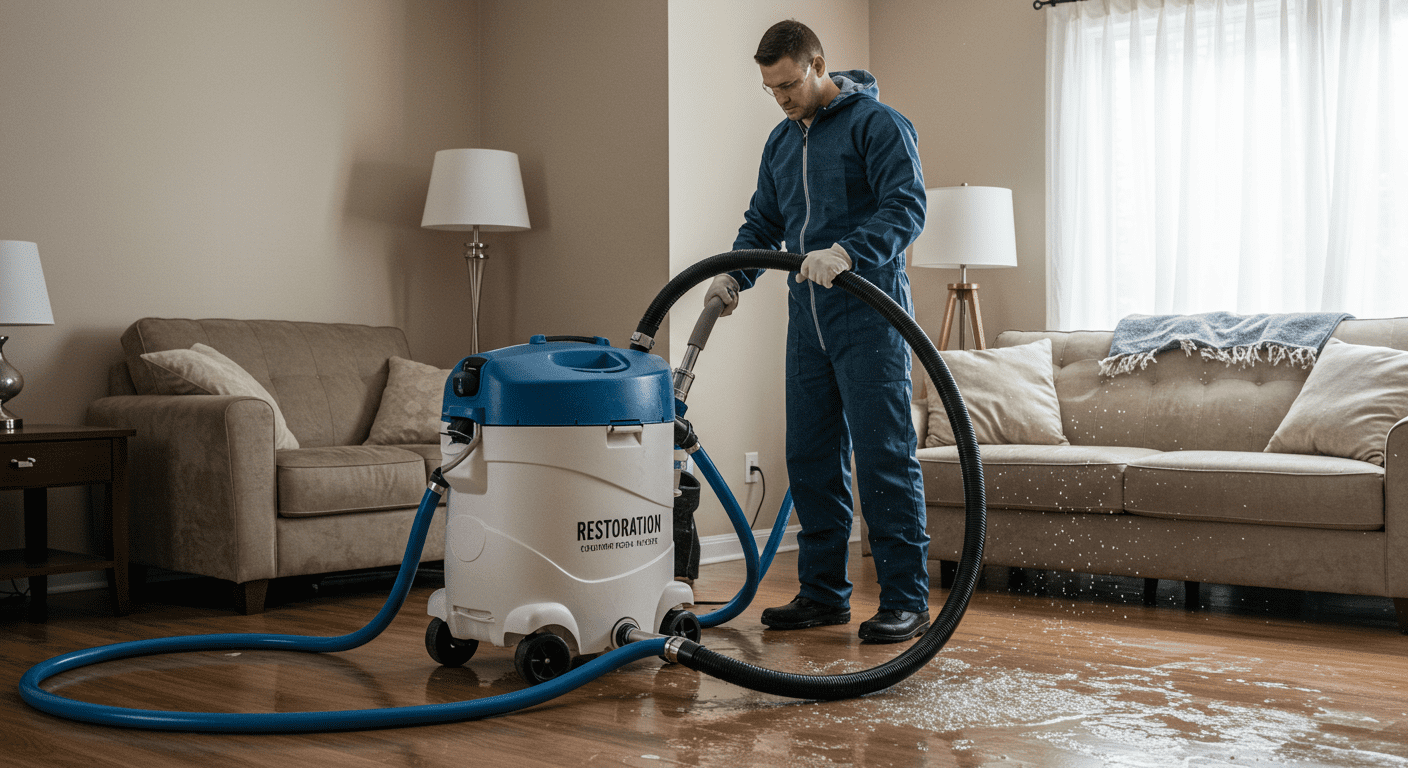 A professional restoration technician using advanced equipment to extract water from a flooded living room. The technician is focused and wearing safety gear, showcasing the urgency of the situation.