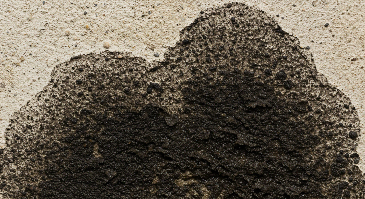 A close-up shot of black mould growing on a damp basement wall, highlighting the texture and color of the mould.