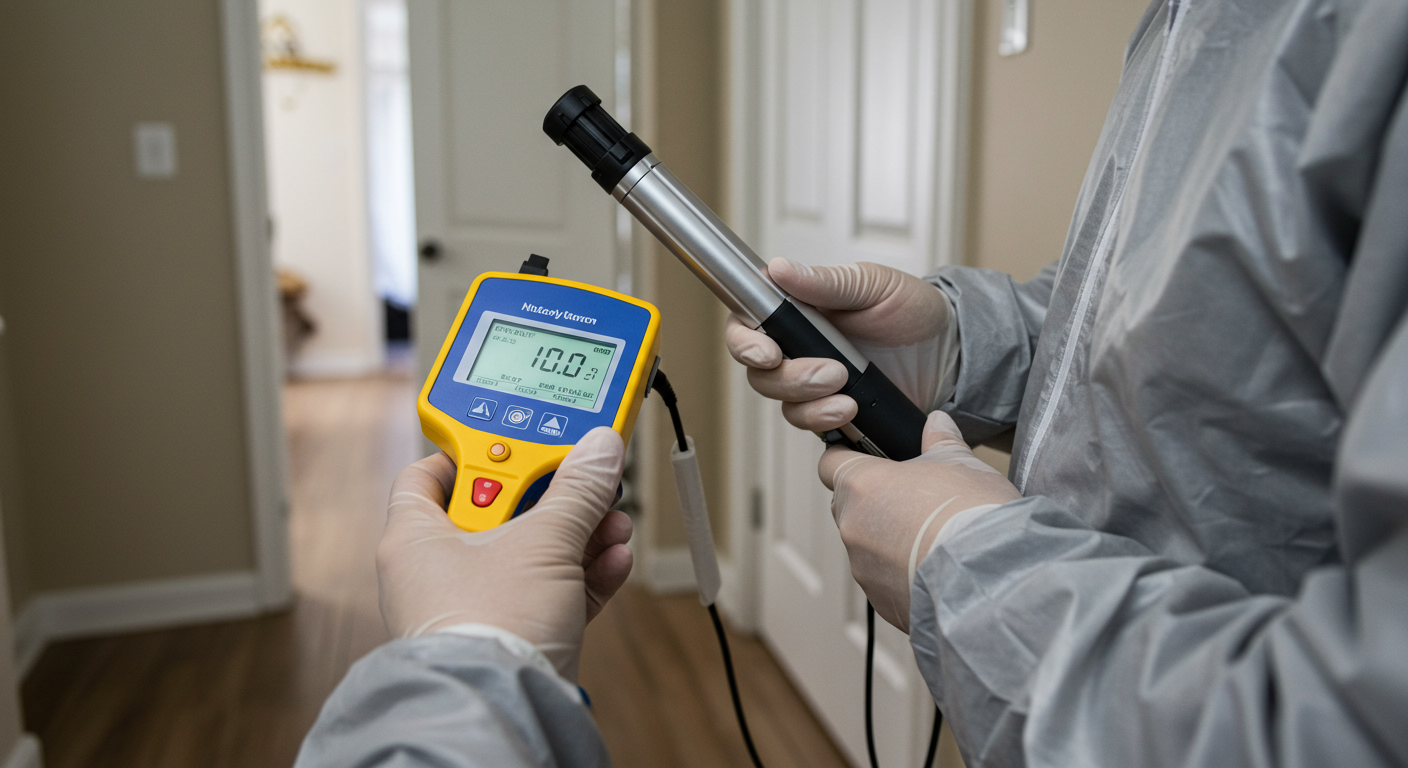 An image depicting a technician using mold testing equipment in a home environment, focusing on the tools and the technician's careful approach.