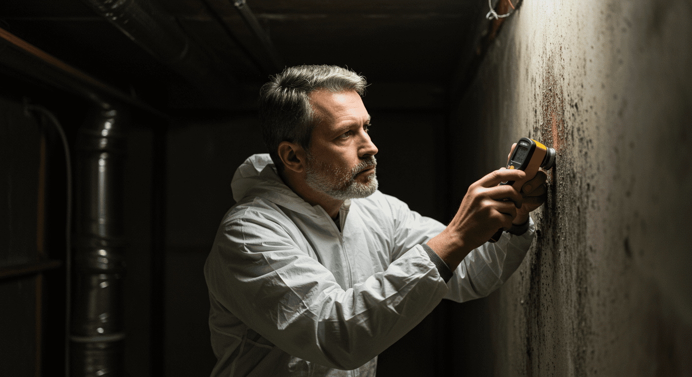 A professional mold inspector examining a damp wall with a moisture meter, showcasing the process of identifying mold growth.