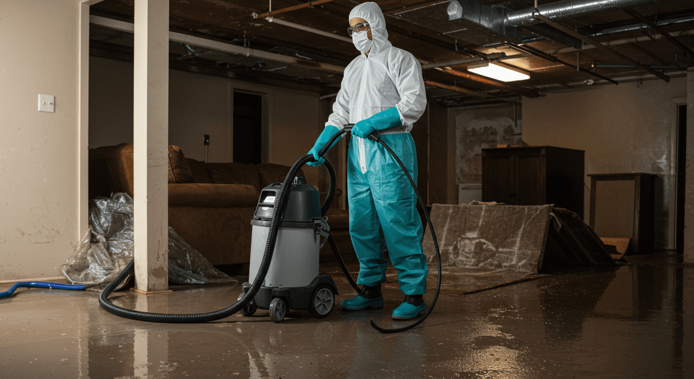 A professional restoration technician using a water extraction machine in a flooded basement.