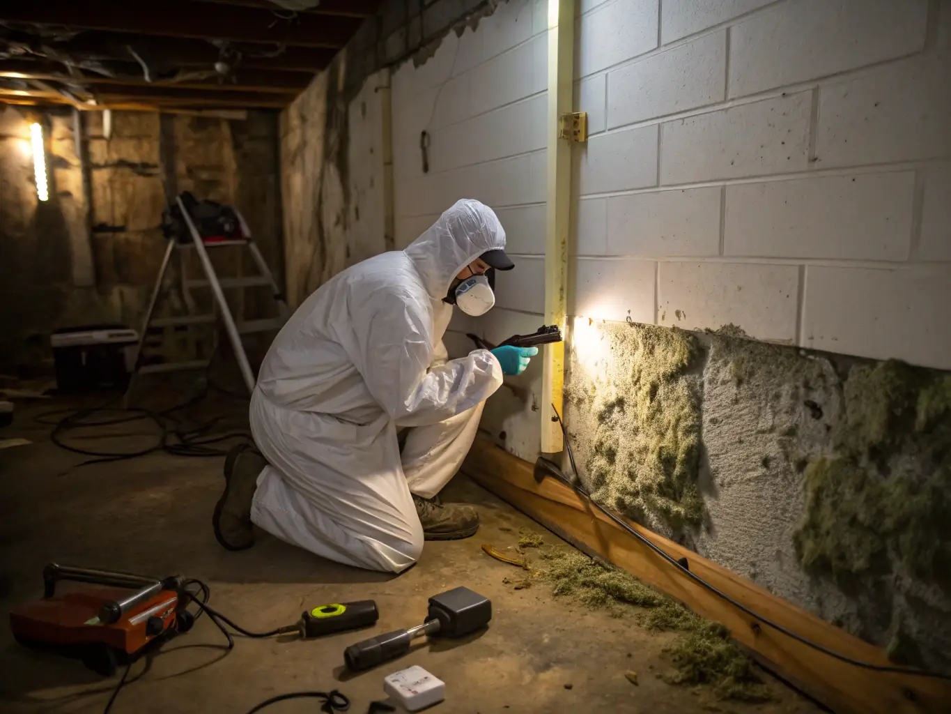 A technician inspecting mold growth behind drywall with protective gear, demonstrating the mold remediation service.