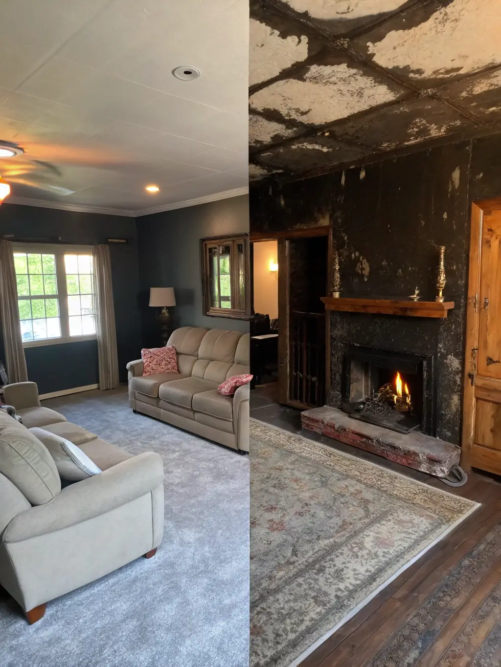A photograph showcasing a fire-damaged living room with visible soot and smoke damage, alongside Restore New Jersey's team assessing the structural integrity and planning the cleanup process.