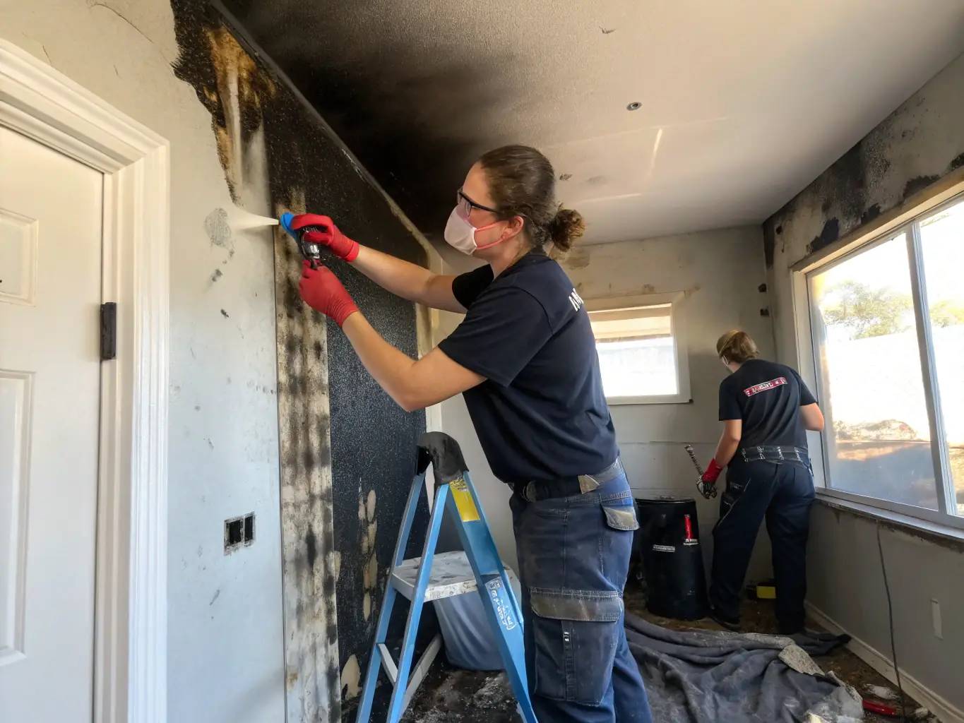 A technician cleaning soot from a wall after a fire incident, highlighting the fire and smoke damage restoration service.