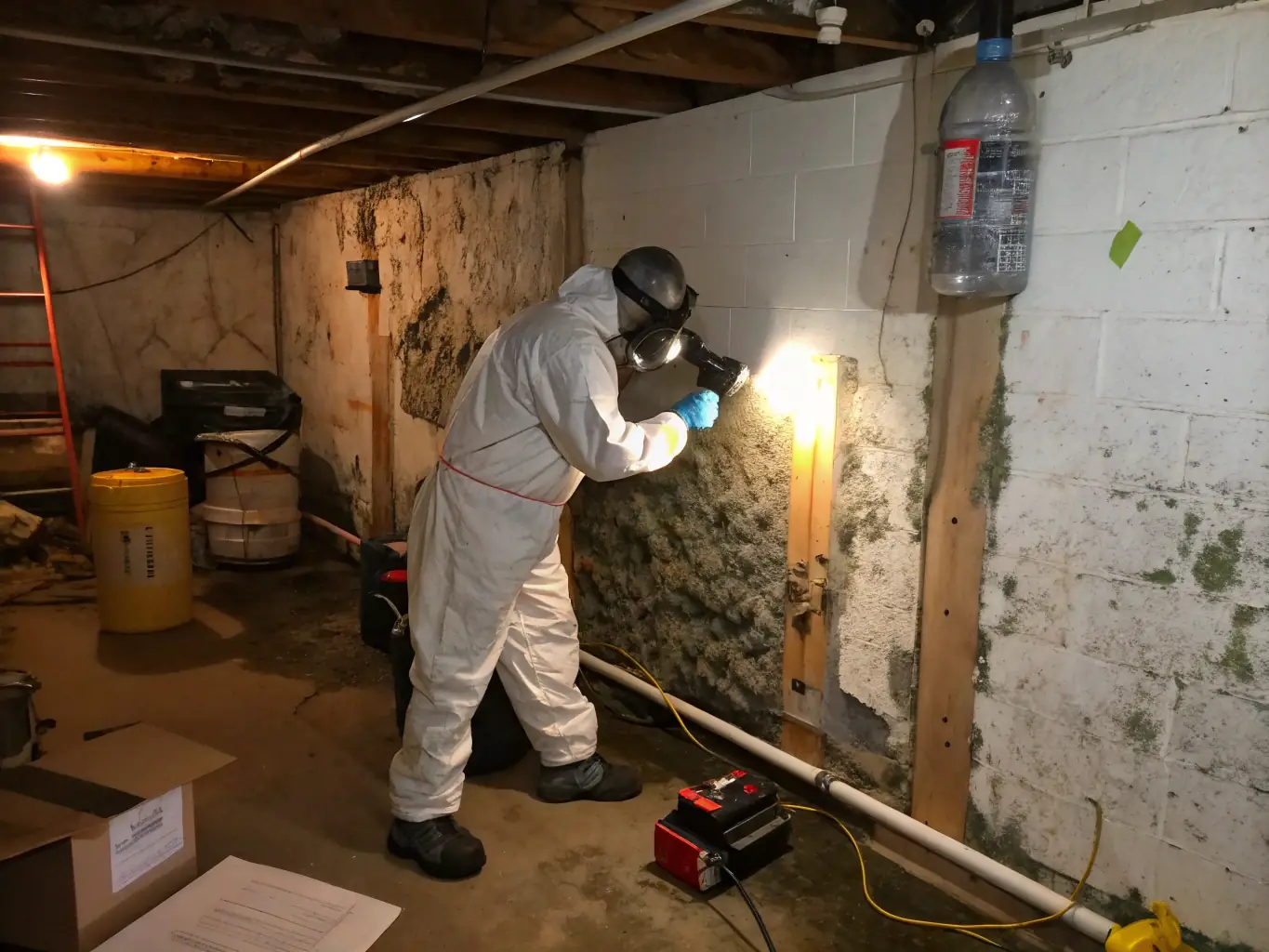 A photo of a restoration technician applying antimicrobial treatments to prevent mold growth in a water-damaged property.