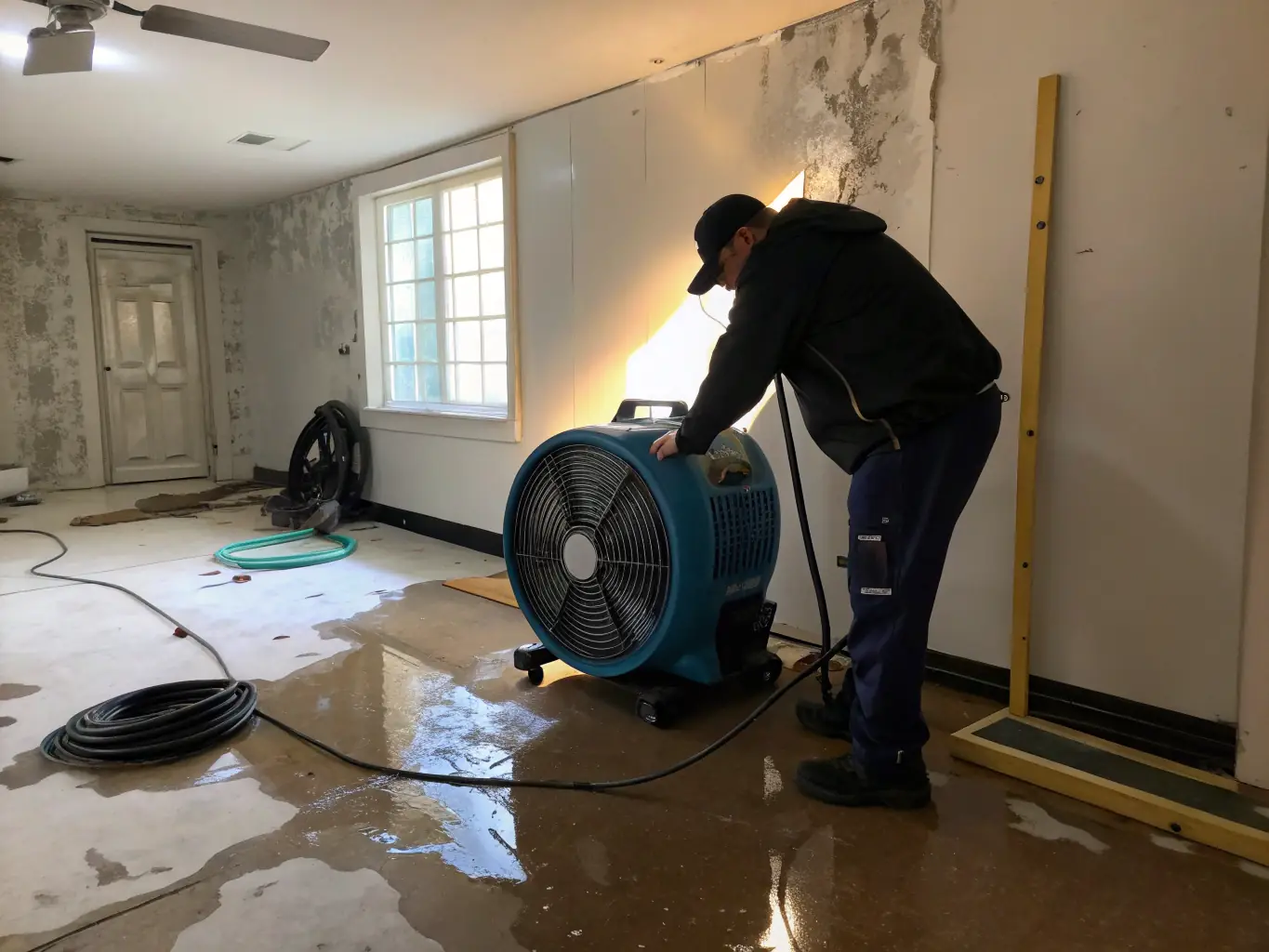 A technician using industrial drying equipment to extract water from a flooded basement, showcasing the water damage restoration service.