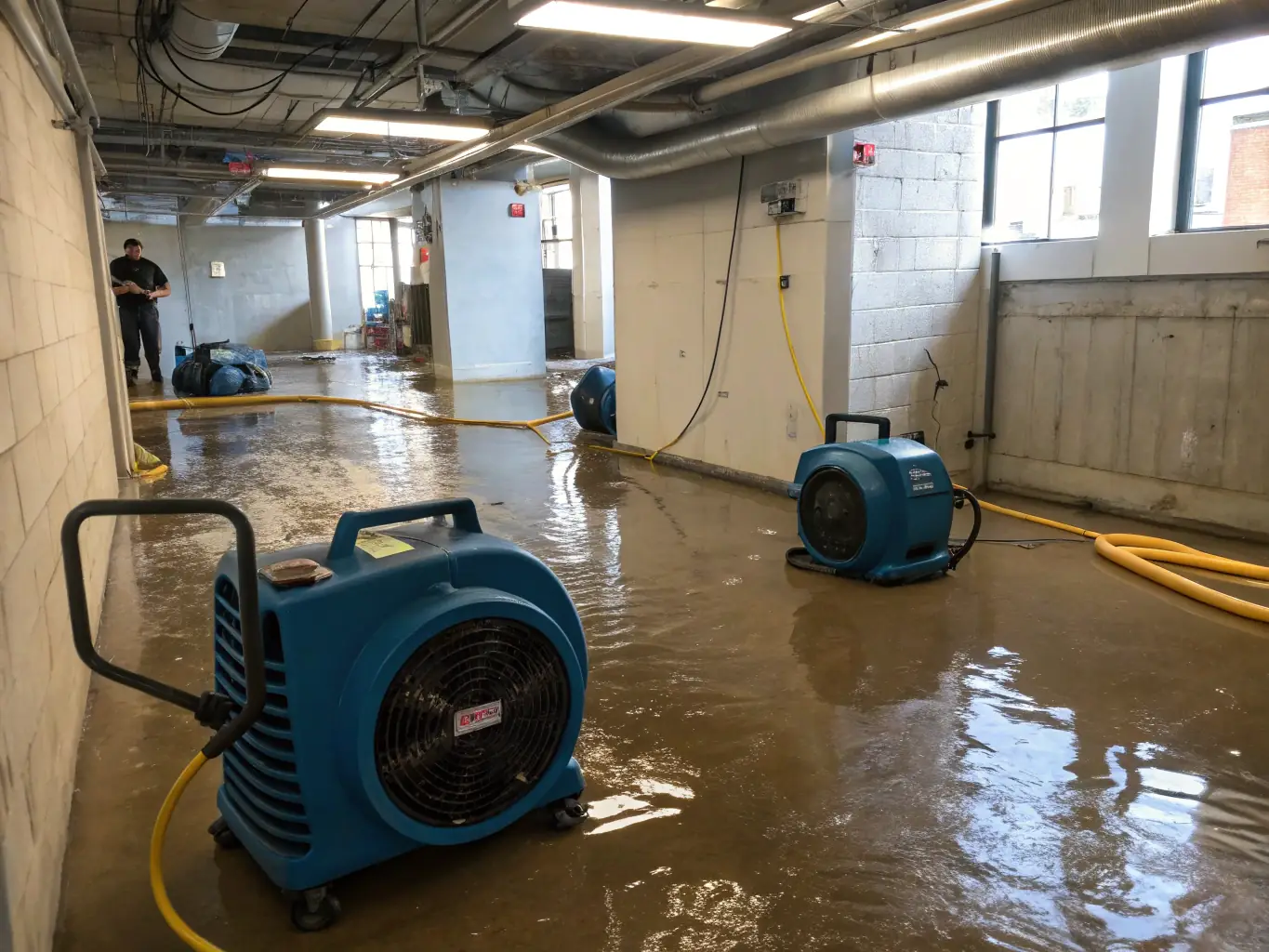 A photo of restoration technicians using professional-grade water extraction equipment to remove standing water from a flooded basement.