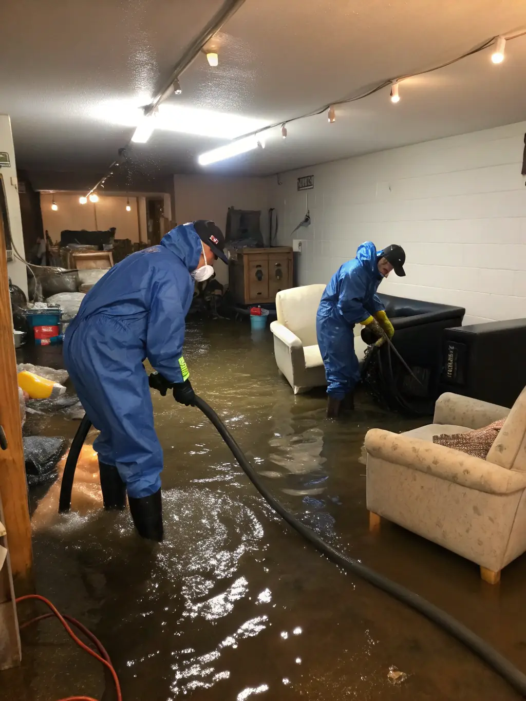 A high-resolution image depicting a flooded basement with Restore New Jersey technicians using water extraction equipment, emphasizing the urgency and professionalism of their water damage restoration service.